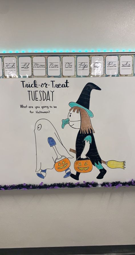 Trick or Treat Tuesday Tuesday Morning Message, Tuesday Whiteboard, Morning Work Ideas, Whiteboard Prompts, Whiteboard Questions, Daycare Lesson Plans, Whiteboard Messages, October School, Morning Board