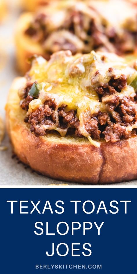 Close up view of Texas Toast topped with sloppy joe mixture and melted cheese. Sloppy Joes Texas Style, Sloppy Joe On Texas Toast, Texas Toast Sloppy Joe Recipe, Sloppy Joes On Texas Toast, Texas Toast Sloppy Joes, Sloppy Joe Mix, Hamburger Meals, Burger Ideas, Sloppy Joe Recipe Easy