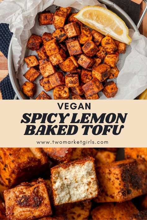 Spicy Lemon Tofu (Crispy Baked) | Two Market Girls Lemon Tofu, Tofu Crispy, Crispy Baked Tofu, Tofu Recipes Easy, Tofu Vegan, Noodle Salad Recipes, Marinated Tofu, Crispy Tofu, Baked Tofu