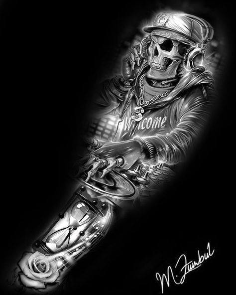 Dj Tattoo, Music Tattoo Sleeves, Chicano Tattoos Sleeve, Skull Sleeve Tattoos, Skull Sleeve, Dj Mixer, Chicano Tattoos, Music Tattoo Designs, Skull Tattoo Design