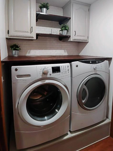 Laundry Area Ideas, Diy Laundry Room Shelves, Laundry Room Upgrade, Laundry Room Pedestal, Washer And Dryer Pedestal, Laundry Room Redo, Stacked Laundry Room, Laundry Room Ideas Small Space, Laundry Pedestal