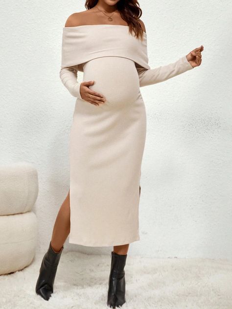 SHEIN Maternity Off Shoulder Split Thigh Dress | SHEIN USA Maternity Off The Shoulder Dress, 16 Weeks Pregnant Outfit, Outfit Para Baby Shower Mamá, Outfits Para Baby Shower Mama, Outfit Baby Shower Mama, Elegant Pregnancy Outfits, Maternity Party Outfit, Vestidos Para Baby Shower, Latest Maternity Dresses