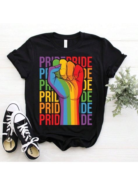 Gay Pride Cool Cute Rainbow Proudly Proud Strong Support Equality Gift T-Shirt, LGBT Pride Clothes, Lesbian, Bisexual, Gifts Present, Black Casual  Short Sleeve Knitted Fabric Figure,Letter  Slight Stretch All Women Clothing, size features are:Bust: ,Length: ,Sleeve Length: Pride Clothes, Pride Outfit, Cute Rainbow, Knitted Swimsuit, Swimwear Sets, Lgbt Pride, Cropped Leather Jacket, Geometric Graphic, Women's Shapewear