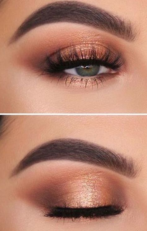 Gold And Brown Eyeshadow Looks, Copper Makeup For Blue Eyes, Brown Bronze Makeup, Wedding Makeup Gold Eyeshadow, Rust Colored Makeup, Makeup For Copper Dress, Bronze Dress Formal, Autumn Wedding Makeup Brown Eyes, Terracotta Eye Makeup