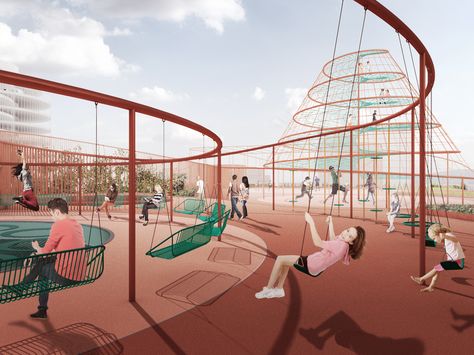 JaJa Architects, Rama Studio, Rasmus Hjortshøj | Parking Garage in Copenhagen. Playgrounds Architecture, Urban Playground, Green Facade, Public Space Design, Children Park, Playground Design, Community Space, Community Park, Urban Park