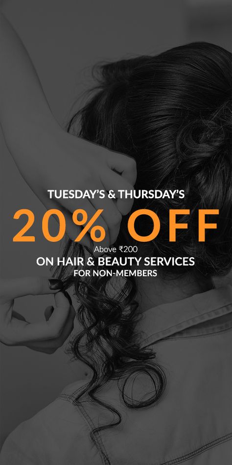 Get flat 20% off on hair and beauty services when you visit us on Tuesdays and Thursdays. Head over to our website to check out more interesting offers. #SalonDeals #Gurgaon Salon Deals And Offers, Salon Services Poster, Services Poster, Beauty Salon Services, Beauty Salon Marketing, Salon Offers, Beauty Salon Posters, Salon Services, Hair And Beauty