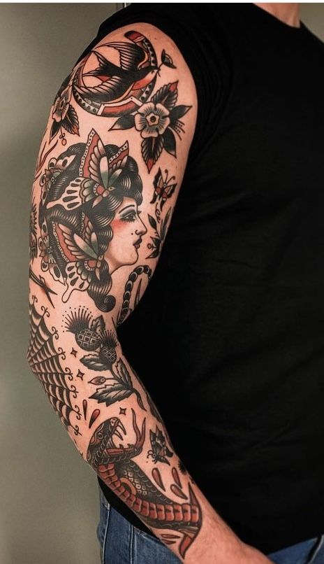 Traditional Tattoo Upper Arm, Tattoos Upper Arm, Ship Tattoo Sleeves, Mens Arrow Tattoo, Old School Tattoo Sleeve, American Traditional Sleeve, American Traditional Tattoos, Traditional Tattoo Inspiration, Traditional Style Tattoo