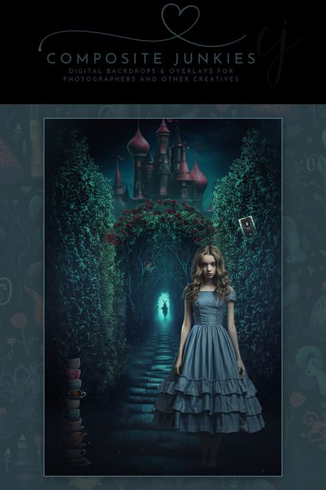 Alice in wonderland inspired dark path leading up to the Red Queen's Castle Dark Alice In Wonderland Background, Fantasy Composite Photography, Wonderland Landscape Art, Fairytale Background Landscape, Alice In Wonderland Trippy Background, Image Composition, Digital Photography Backdrops, Fairytale Fantasy, Scrapbook Materials