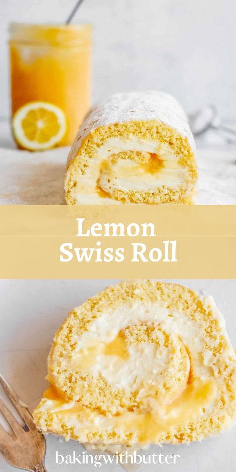 Swiss roll slice with lemon in the background. Swiss Roll Filling Ideas, Mini Swiss Rolls Recipe, Lemon Swiss Roll Cake, Light Sponge Cake, Lemon Jelly Roll Cake, Lemon Cake Roll Recipe, Lemon Roll Cake Recipe, Lemon Roll Cake, Lemon Cake Roll