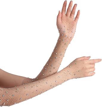 Women Rhinestone Fishnet Long Gloves Mesh Sparkly Glitter Fashion Opera Gloves For Party Halloween Costumes Accessories Net Gloves, Party Halloween Costumes, Silver Gloves, Gloves Aesthetic, Fancy Gloves, Fishnet Gloves, Rhinestone Fishnets, Glitter Accessories, Mesh Gloves