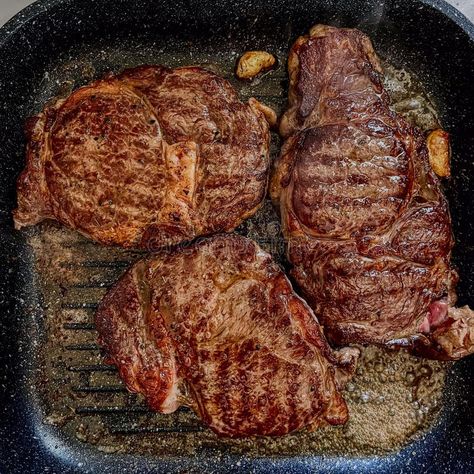 Three well-done marbled beef steaks are fried in a frying pan royalty free stock photos Beef Steaks, Vector Banner, Steak Fries, Beef Steak, Frying Pan, Frying, Free Stock Photos, Steak, Photo Image