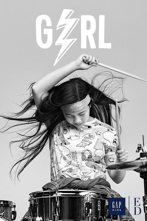 Gap Kids Drummer Photoshoot, Drums Studio, Cherry Moon, Female Drummer, Band Au, Band Photoshoot, Sweet 17, Jazz Poster