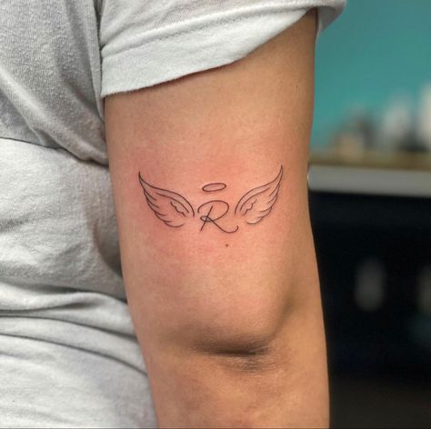 Tattoo In Memory Of Friend, Tattoos For Passed Loved Ones Grandpa, Small Angel Wing Tattoo With Initials, Small Tattoos For Lost Loved Ones, Small Rip Tattoos, Small Remembrance Tattoos Simple, Tattoo For Passed Loved Ones, Letter T Tattoo, Small Remembrance Tattoos