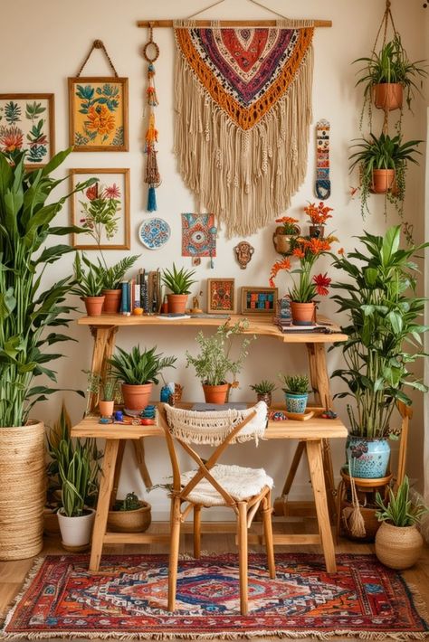 Boho Dopamine Decor, Modern Boho Office Ideas, Boho Home Office Ideas, Home Alter, Bohemian Home Office, Boho Home Office, Zen Corner, Diy Dorm, Cozy Workspace