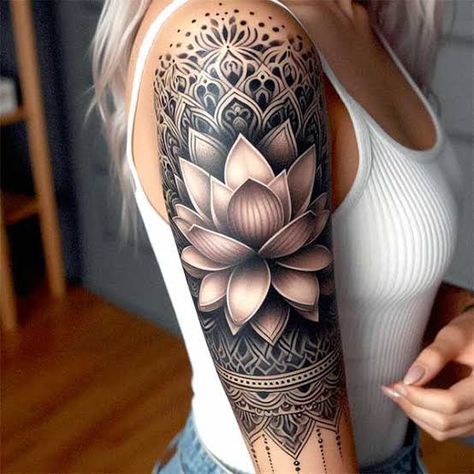 Forarm Tattoos Mandala, Flower Medallion Tattoo, Lotus Tattoo Sleeve For Women, Lateral Arm Tattoo, Left Forearm Tattoos For Women, Back Shoulder Tattoos For Women Cover Up Lotus Flowers, Delicate Half Sleeve Tattoos For Women, Lotus And Mandala Tattoo, Mandala And Peony Tattoo