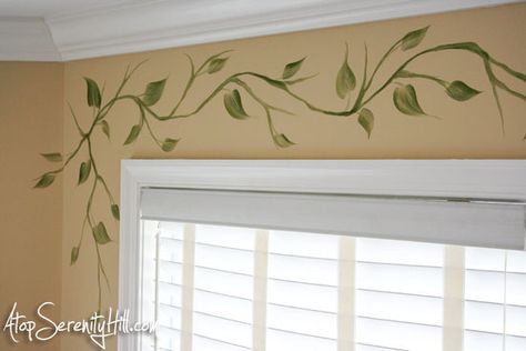 Leaf Wall Painting Ideas, Hand Painted Vines On Walls, Leaves On Wall Painting, Painting Vines On Wall, Leaves Painted On Furniture, Vines Painted On Furniture, Wall Border Painting Ideas, Vine Painting On Wall, Painting Vines And Leaves