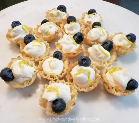 Lemon Cheesecake Tartlets – Simply Sundays Phyllo Desserts, Cheesecake Tartlets, Neufchatel Cheese, Lemon Blueberry Cheesecake, Phyllo Cups, Lemon Cheese, Phyllo Dough, Lemon Cheesecake, Mini Pies