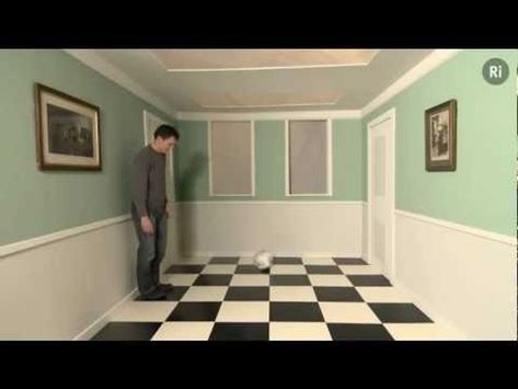 The Ri's Andrew Marmery takes a break from Christmas Lecture rehearsals to describe how he designed a built a life-size Ames room for the show. The distorted room was named after ophthalmologist Adelbert Ames, who invented the optical illusion in 1934. The floor, ceiling and side walls of the room are trapezoidal in shape but when viewed from a specific fixed point it appears to be rectangular. As Andy demonstrates, anyone standing inside the room appears unusually large or unexpectedly small. Ames Room, Prep Room, Science Videos, Floor Ceiling, Weird And Wonderful, Optical Illusion, Life Size, Optical Illusions, Building