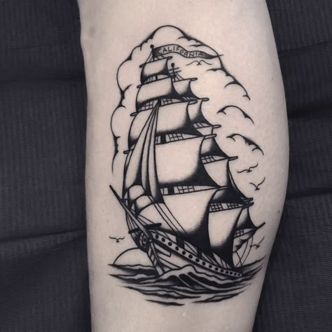 Traditional Ship Tattoo, Pirate Ship Tattoo, Nautical Tattoos, Traditional Black Tattoo, Traditional Tattoo Old School, Pirate Tattoo, Angel Tattoos, Traditional Tattoo Sleeve, Tattoo Inspiration Men