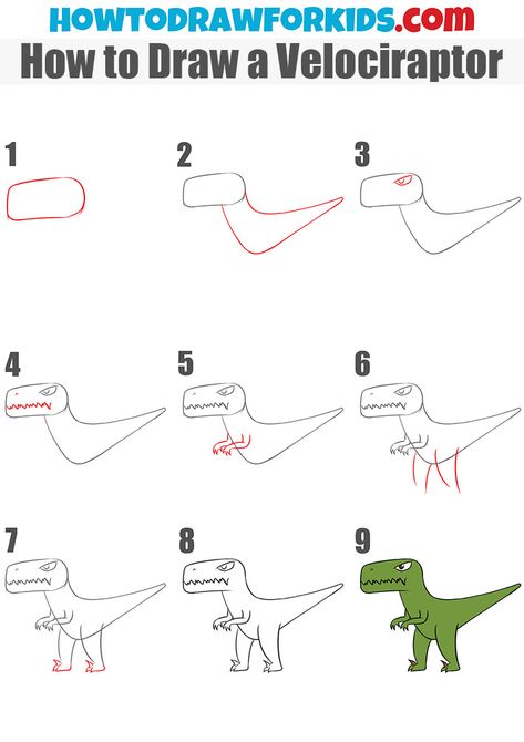 How to Draw a Velociraptor - step by step drawing tutorial Velociraptor Drawing Easy, Easy Dinasour Drawing, How To Draw A Dinosaur, How To Draw A T-rex, Raptor Drawing, Velociraptor Drawing, Easy Dinosaur Drawing, Raven Drawing, Subbing Ideas