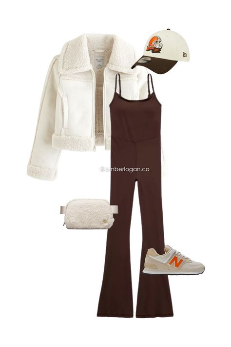 Brown Jumpsuit Outfit, Sherpa Leather Jacket, Football Game Day Outfit, Sherpa Belt Bag, Brown Jumpsuit, Aerie Real, Game Day Outfit, Offline By Aerie, Football Game