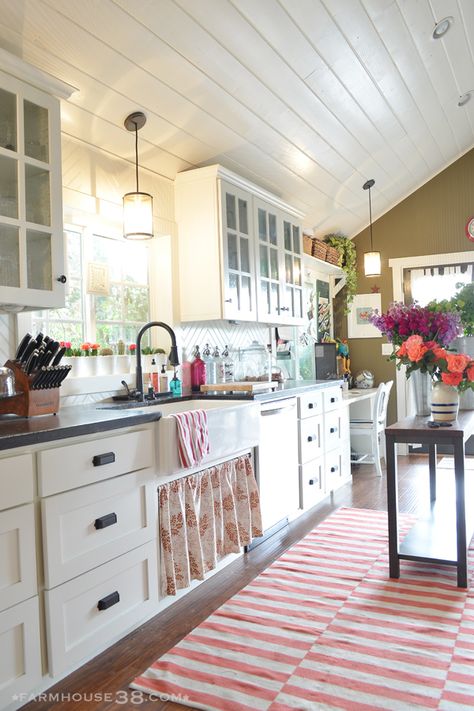 Eclectic Home Tour - Farm and Foundry White Kitchen Eclectic, Renovation Farmhouse, Planked Ceiling, Whimsical Farmhouse, Vintage Eclectic Home, Island Farmhouse, Sink Skirt, Renovated Kitchen, Colorful Cottage