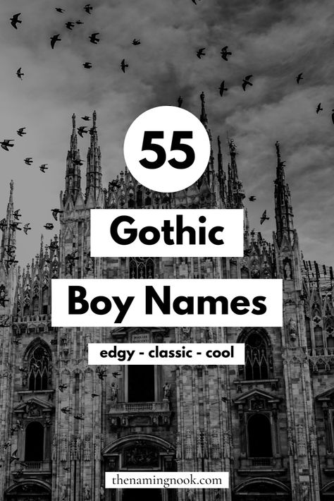 Looking for a cool and edgy baby boy name? We’re sharing 55 gothic boy names inspired by the vintage Victorian era. Our unique boy name list shares gothic and edgy boy names and their meanings. Click through for the full list. boy name aesthetic, vintage boy names, unusual baby names Gothic Boy Names, Gothic Names, Boy Name List, Edgy Boy Names, Traditional Baby Girl Names, Edgy Names, Classic Boy Names, Unusual Boy Names, Edgy Baby