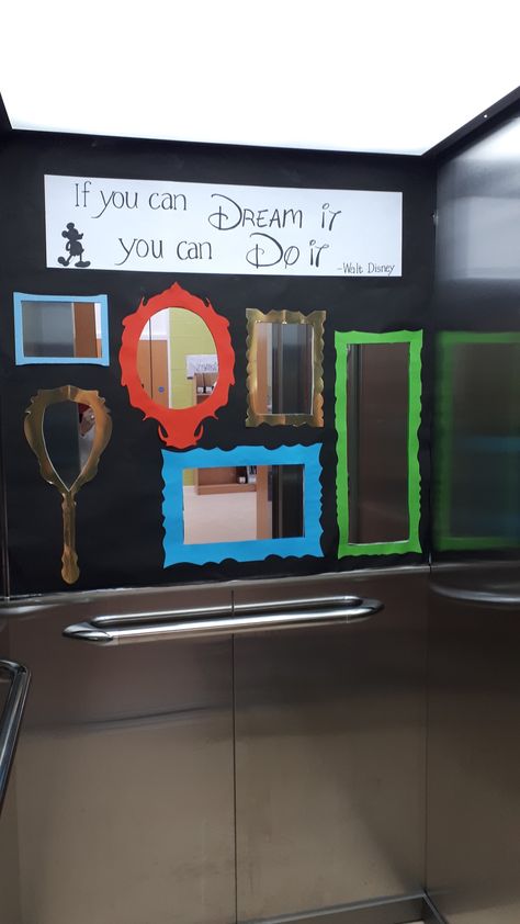 Mirror Mirror On The Wall Bulletin Board, Classroom Mirror Decorations, Mirror Wall Decor Classroom, School Mirror Decorating Ideas, Mirror Bulletin Board, Lift Interior, School Hallway Decorations, Bulletin Board Design, School Door Decorations