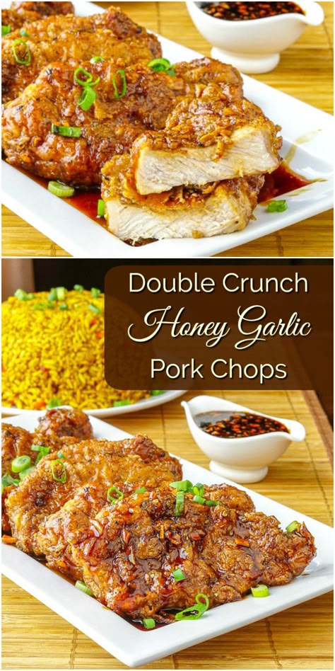 Pork Chops Juicy, Double Crunch, Garlic Pork Chops, Honey Garlic Pork, Honey Garlic Pork Chops, Garlic Honey, Honey Pork, Pork Chop Recipes Baked, Pork Chop Dinner