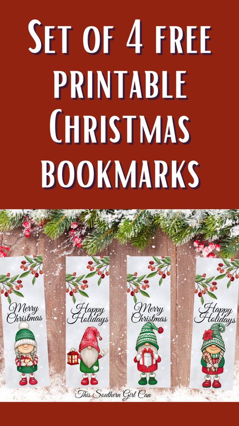 Free printable Christmas gnome bookmarks Free Printable Christmas Bookmarks To Color, Gnome Christmas Tags, Christmas Book Marks Printable Free, Diy Christmas Bookmarks, Bookmarks To Print Free Printable, Christmas Bookmarks Printable Free, Bookmark Template Free Printables, Free Printable Book Marks, Christmas Labels Printables Free