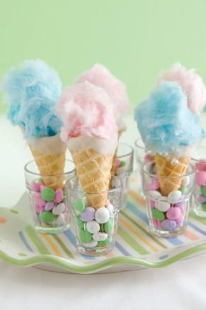 Candy Floss Cones in blue and green or cream to fit theme with cone, wrapped in clear cone bag and finished with a ribbon bow Cotton Candy Cone, Sweet Party, Ice Cream Social, Ice Cream Candy, Ice Cream Cones, Flamingo Party, Shower Food, Paula Deen, Ice Cream Party