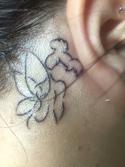 Disney tinker bell tattoo behind the ear Tinker Bell Sleeve Tattoo, Tinker Bell Behind Ear Tattoo, Tinker Bell Tattoos, Tinkerbell Ears, Bell Tattoo, Tattoo Behind The Ear, Simple Tattoo With Meaning, Tinker Bell Tattoo, Bell Disney