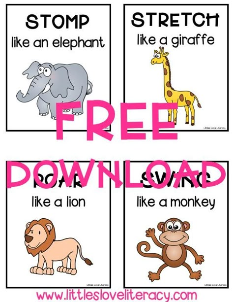 FREE Dear Zoo activity for toddlers, preschool, prek, & kindergarten. Great activity to go along with the book. Use at home with your own kids or in the classroom with students. FREE printable for a gross motor skills game called "Move Like an Animal." Incorporate literacy into the game for more learning! Children of all ages will have fun using this Dear Zoo gross motor game! #littlesloveliteracy #preschool Dear Zoo Activities, Zoo Activities Preschool, Zoo Lessons, Zoo Animals Preschool, Zoo Animal Activities, Preschool Zoo Theme, Zoo Preschool, Zoo Activities, Animal Activities For Kids