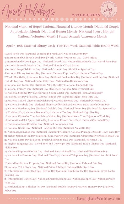 2021 Fun National Holidays | Living Life With Joy National Celebration Days, April Holidays, National Holiday Calendar, Silly Holidays, Library Week, Holidays 2023, National Day Calendar, April Easter, Cool Calendars