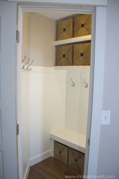 Turn a Coat Closet into a Mudroom....with hooks and baskets for storage! --- Make It and Love It Tiny Coat Closet, Closet Into Mudroom, Coat Closet Storage, Coat Closet Makeover, Coat Cupboard, Small Coat Closet, Mudroom Closet, Coat Closet Organization, Entry Closet