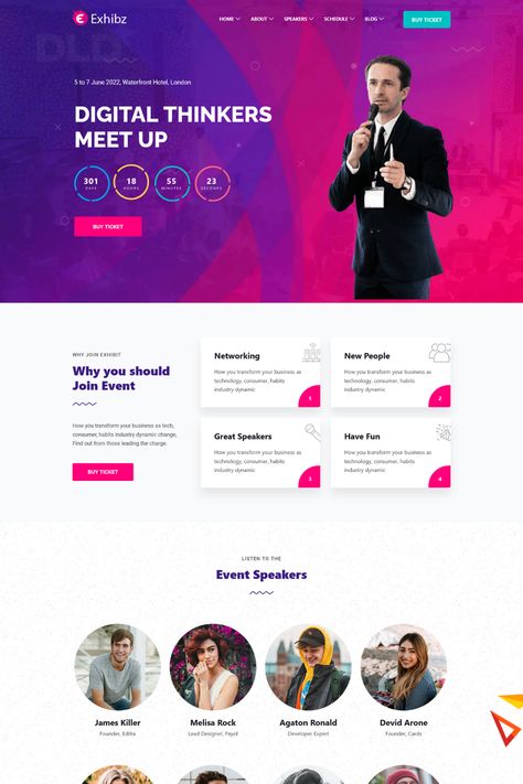 Exhibz is a modern and stylish WordPress theme designed specifically for event and conference websites. With its range of customizable features and tools, Exhibz makes it easy to create a professional and engaging online presence for your event. The theme includes a range of pre-built templates and layouts for showcasing speakers, schedules, sponsors, and more. It also includes features like ticket sales and registration, making it easy to manage your event and sell tickets online. Conference Website Design, Event Website Design, Speaker Website, Conference Website, Website Elements, Layout Site, Agenda Design, Conference Program, Business Conference