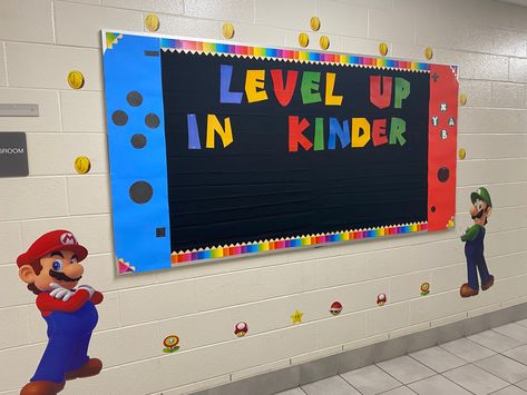 Level Up Classroom Door, Nintendo Switch Bulletin Board, Video Game Hallway Theme, Gaming Theme Classroom, Nintendo Bulletin Board, Video Game Themed Bulletin Boards, Mario School Theme, Video Game Classroom Door Ideas, Level Up Bulletin Board