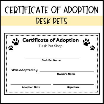 Included is a desk pet adoption certificate! Desk pets are such a fun incentive for students to work for. It works as a great classroom management strategy. The certificate includes a spot for the pet's name, the student's name, the date, and the teacher's signature. These are so fun to use for a desk pet adoption party!Included is a downloadable ZIP file that includes two different sizes of certificates. There is a full-page horizontal version and a half-page vertical version!Thumbnail Font: AG Desk Pets, Pet Adoption Certificate, Pet Adoption Party, Desk Pet, Adoption Party, Work For It, Classroom Management Strategies, Adoption Certificate, School Hacks