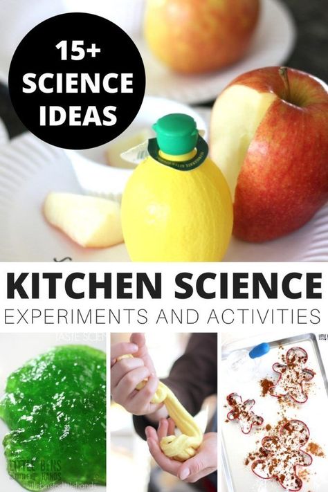 Easy to set up kitchen science experiments and activities using common kitchen supplies. perfect for both home science and classroom science projects, these kitchen science activities are great for hands on learning ideas. Explore science in the kitchen with chemical reactions, candy science, edible slime, salt crystals, liquid density and more! Experiments for preschool science, kindergarten science, and early elementary science. Science Kindergarten, Chemistry Experiments For Kids, Kitchen Chemistry, Kitchen Science Experiments, Candy Science, Kitchen Science, Edible Slime, Classroom Science, Science Experiments For Kids