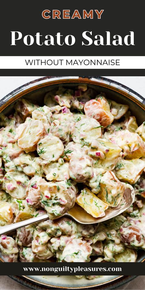 This creamy potato salad is a perfect summer side dish that uses a tangy dressing made with fresh dill, Greek yogurt, sour cream, and no mayonnaise. This red potato salad recipe is a must-try for those looking for a healthier, mayo-free version of the classic dish. Made with less fat than traditional potato salads, it's a warm and flavourful way to enjoy this summer favourite. Try this delicious creamy potato salad today and enjoy the fresh, tangy flavours without the mayo! Potato Salad With Raisins, Tahini Potato Salad, Non Mayo Potato Salad, Potato Salad Without Mayonnaise, Mexican Potato Salad, Potato Salad Without Mayo, Potato Salad With Dill, Greek Yogurt Sour Cream, Dill Potato Salad