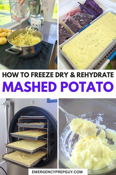 A step-by-step process showing how to freeze dry and rehydrate mashed potatoes for long-term emergency food storage. Freeze Dried Baby Food, Freeze Dried Recipes, Diy Freeze Dried Meals, Freeze Dryer Recipes, Food Cellar, Freeze Drier, Freezing Food Guide, Freeze Dried Meals, Freeze Dried Food Storage