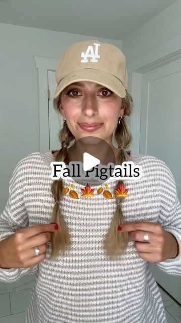 Lainey Ostrom on Instagram: "Fall pigtail hairstyle 🍁🍂🍁save and try!" Sporty Pigtails, Easy Pigtail Braids, Pigtails For Women, Adult Pig Tails Hairstyles, Pigtails Outfit, Adult Pigtails, Cute Hat Hair, Pig Tail Braids, Ball Cap Hairstyles