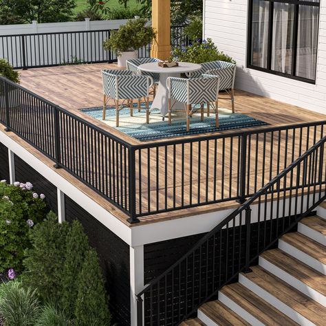 Kit includes: top rail, bottom rail, and balusters (NOTE: posts kits sold separately). Assembly required; Actual Size: 93.75-in W x 3-in H. Tough and durable aluminum railing resists rust, corrosion, fading and discoloring. Clean, modern continuous top rail design. Tested to meet IRC code requirements - always check local building codes. Coordinating 8-ft x 36-in Stair Rail Kit - model # 73056417. Works with coordinating Level Post Kit (model # 73056418). Coordinating Level Bracket Kit (model # 73056422), Corner Bracket Kit (model # 73056423), End Bracket Kit (model # 73056421) and Wall Bracket Kit (model # 73056424) sold separately. Transferable Limited Lifetime Warranty. Freedom 8-ft x 36-in Matte Black Aluminum Deck Rail Kit | 73056415 Black Patio Railing, Front Porch Railings Farmhouse, Wood Railing Front Porch, Porch Railings Ideas, White House Black Deck Railing, Modern Farmhouse Porch Railing, Modern Deck Railing Design, Black Deck Railing, Composite Deck With Black Railing