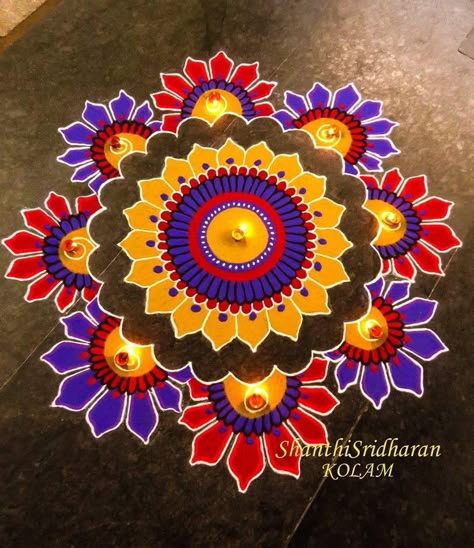 Symmetrical Rangoli Designs, Easy Mandala Rangoli, Deepavali Kolam Design, Diwali Kolam Design, Rangoli Designs With Dots Festivals, Mandala Kolam, Mandala Rangoli Designs, Rangoli Designs With Colors, Deepavali Kolam