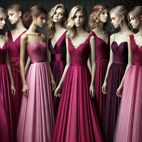 Here’s an image of bridesmaid dresses in pink tones, such as fuchsia, magenta, and deep berry. These colors are rich and vibrant, ideal for complementing a bride with a deep winter color palette. Magenta Bridesmaid, Magenta Bridesmaid Dresses, Deep Winter Color Palette, Magenta Wedding, Deep Winter Colors, Winter Color Palette, Wedding Palette, Bridal Parties, Deep Winter