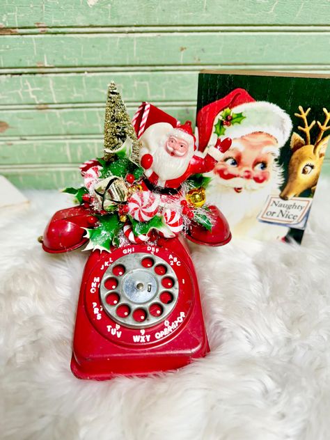 Toy Telephone, Santa Decor, Shiny Brite Ornaments, Custom Bottle, Vintage Phone, Bottle Brush Tree, Santa Decorations, Vintage Phones, Bubble Lights