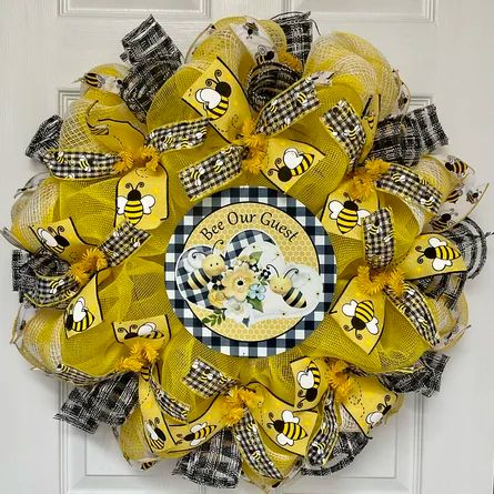 The Holiday Aisle® Bee Our Guest Spring Summer Welcome Wreath Handmade Deco Mesh | Wayfair Bee Sign, Mesh Wreath Diy, Bee Wreath, Bee Decor, Patriotic Wreath, Welcome Wreath, Handmade Wreaths, Mesh Wreath, Hello Spring