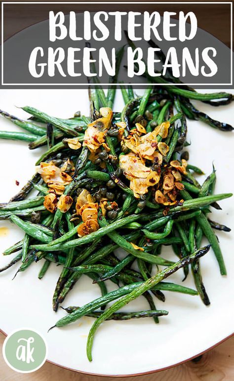 Spicy, blistered green beans with sizzling garlic and capers — so fast and good! Here, green beans blister and char in under 5 minutes under the broiler; meanwhile, in a small skillet on the stovetop, garlic, crushed red pepper flakes, and capers infuse in oil. Together, the combination is irresistible! #greenbeans #broiled #blistered #garlic #chilies #spicy Alexandra Cooks, Blistered Green Beans, Sides Veggies, Green Beans With Garlic, Bon Appetite Recipes, Garlic Green Beans, Crushed Red Pepper Flakes, Crushed Red Pepper, Elephant Ears