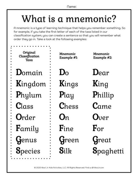 Taxonomy Lesson and Worksheets for Kids | Woo! Jr. Kids Activities : Children's Publishing Taxonomy Biology, Homeschooling Schedule, Memorization Techniques, Carl Linnaeus, Learn Biology, Mnemonic Devices, Biology Worksheet, Cnidaria, High School Biology