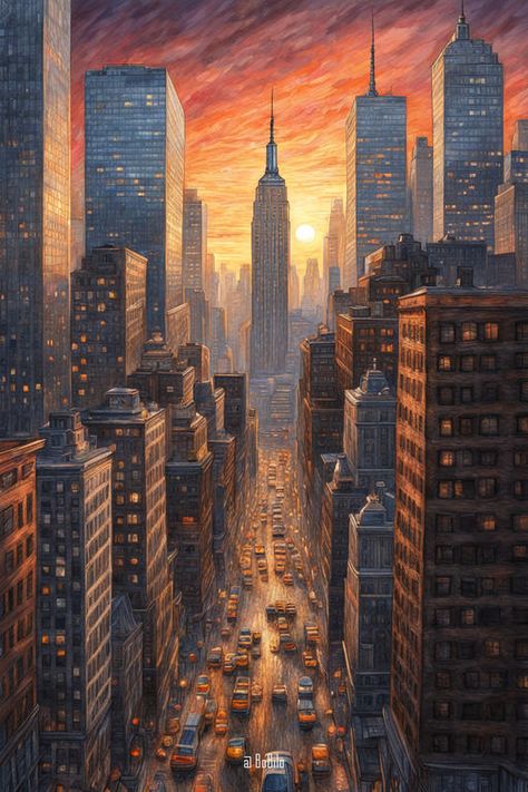 Fantasy Cityscape Inspired by New York: Vintage Style, Sunset Comic Art Cityscape, Adam Aesthetic, Fantasy Cityscape, Perspective Painting, Urban Fantasy Art, Crowded City, New York Sunset, Fantasy Elements, City Artwork